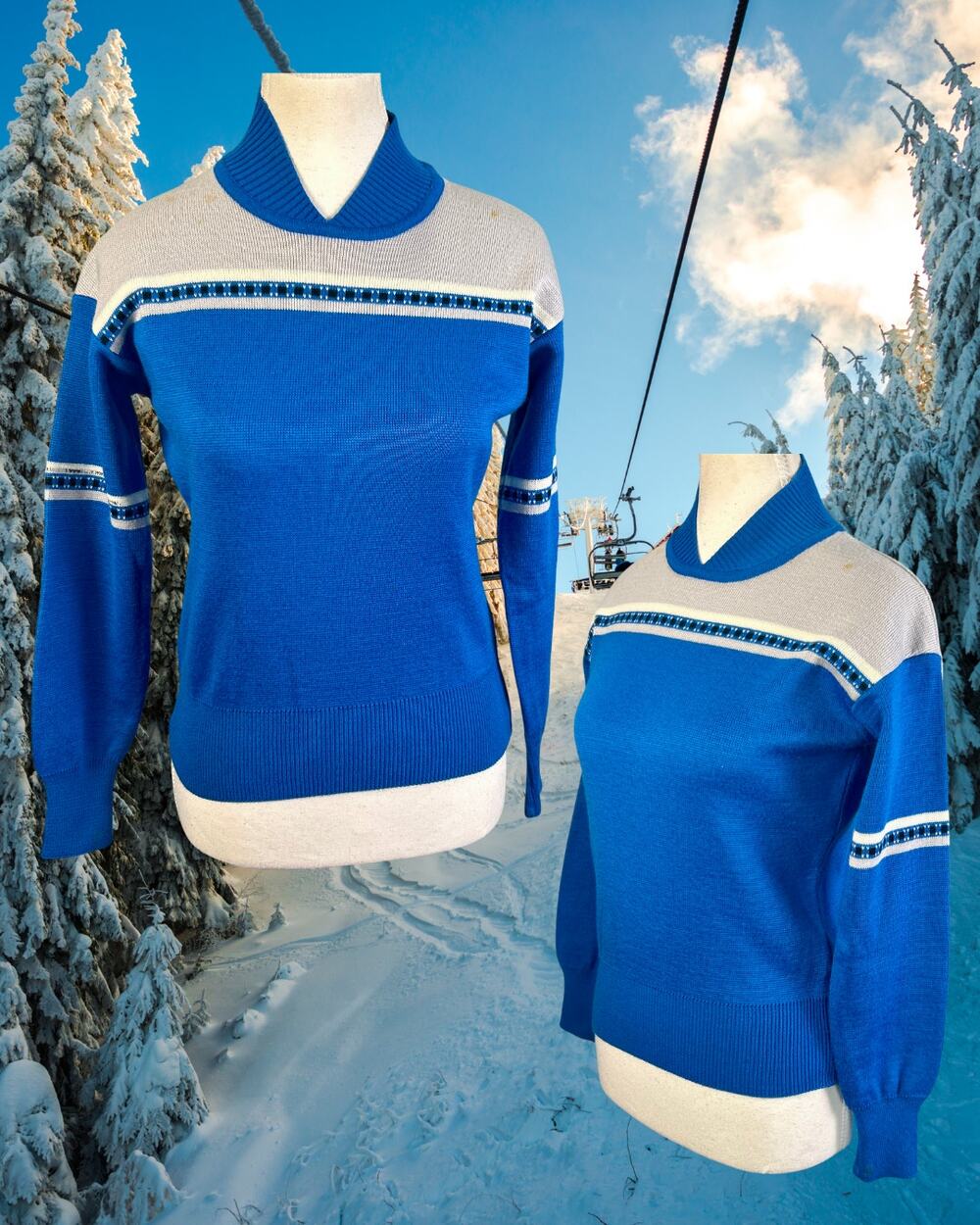 Vintage 80s 90s Tyrolia Scan Gray Blue Ski Sweater Size S